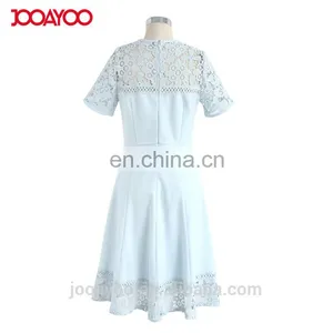 Women Elegant Short Sleeve Flower Lace Embroidered Crochet Dress in Blue thumbnail-6