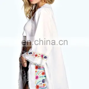 BRIGHT EMBROIDERED KIMONO Latest Beach Kimono Soft Cotton Fabric Embroidered Kimono With Fringed Hem thumbnail-2