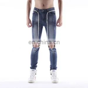 DiZNEW Custom Blue Stretchy Distressed Men Ripped Holes Biker Jeans thumbnail-3