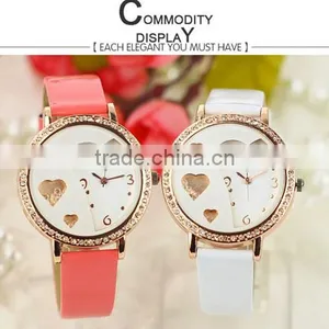 Fashion Beautiful Heart Shape Diamonds Watch Gilrs Leather Quartz Watch thumbnail-1