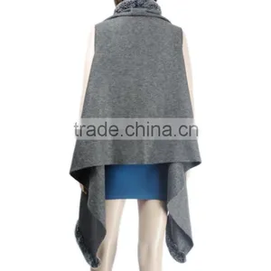 New Production Cashmere Cape With Fur Trim Rabbit Fur Trim Fur Shawl KZ150097 thumbnail-2