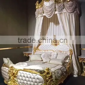 White & Gold Design Button Tufted King Size Bed, Luxury Wood Carved Golden Bed & Night Stands, Imperial Bedroom Furniture Set thumbnail-1