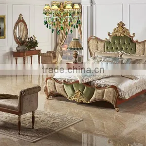 Antique Classic Upholstery Bed Set, Luxury Button Tufted Queen Bed With Gold Painting, Wood Carving Bedroom Furniture Set thumbnail-2