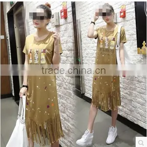 Guangzhou Wholesale Clothing OEM Black Print Short Sleeve Midi Tassels Dress thumbnail-4
