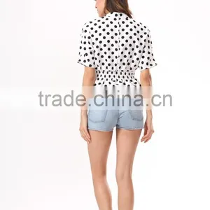 New Fashion Cotton Quilting Dot Printed Short Sleeve Woman Crop Top thumbnail-4