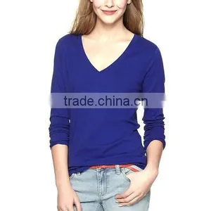 WOMEN BLANK ROYAL BLUE LONG SLEEVED V NECK T SHIRT thumbnail-1