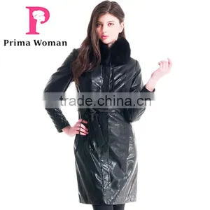 Winter Women Medium Length Slim Fit Leather Coat With Detachable Blue Fox Hat Overcoat thumbnail-1