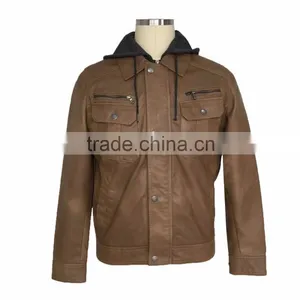 Man Wear Supplier Good Quality New Fashion Wholesale Brown PU Leather Jacket With Hood thumbnail-1
