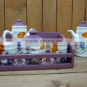 Wholesale Ceramic Condiment Set for Salt Sugar Pepper Oil and Vinegar Storage With Wooden Stand thumbnail-1