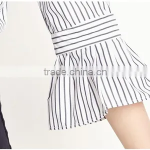 Women's Bell Sleeve Stripe Pattern Round Neck Pleated Blouse thumbnail-4