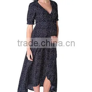 Summer Print Chiffon Black Wrap Maternity Dress, Long Maternity Clothes, Half Sleeve Maternity Clothing thumbnail-2