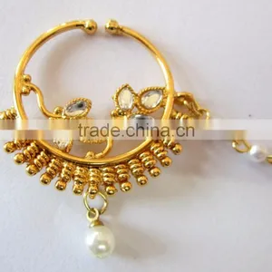 HOOP NATH Press NOSE RING GOLD PLATED KUNDAN RED GREEN thumbnail-3