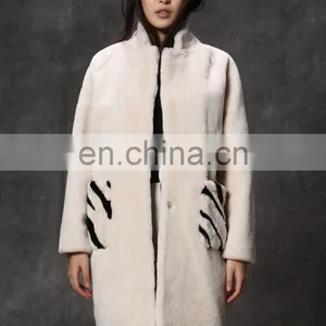 Hot Sales Merino Lamb Fur Long Coat With Zebra Pattern Pocket for Women thumbnail-2