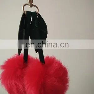 Fashion Double Red Faux Fur Ball Bag Charm With Leafs 2016 New Design Pom Pom Keychain thumbnail-2