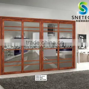 Wood Frames Tempered Glass With Flower Pattern Strip for Partition Sliding Doors thumbnail-1