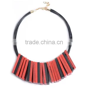 Red Black Wooden Square Pendant Choker Necklace Geometric Wood Choker Necklace Korea Wax Cord Choker Necklace thumbnail-3