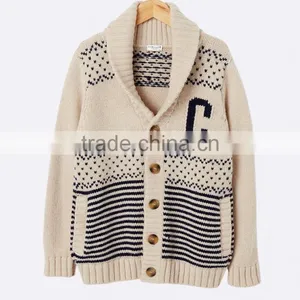 High Quality Boy's Jacquard Chunky Knit Warm Cardigan With Elegant Shawl Collar Off-white Sweater (BKNB01) thumbnail-1