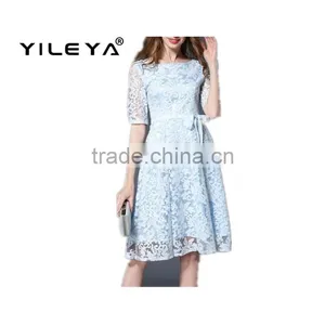 High Quality Lastest Fashion Boat Neck Knee Length Lace Chiffon Dress Women thumbnail-1