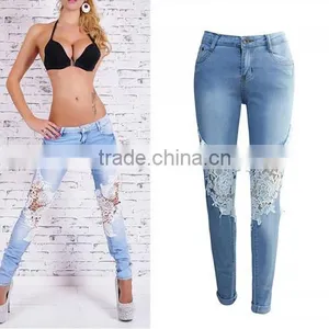 High Waist Girls Jeans Hollow Lace Patchwork Light Blue New Women Sex Pants thumbnail-1