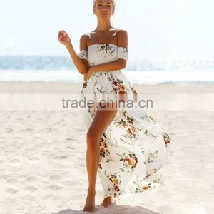 Boho Style Long Dress Women Fashion Off Shoulder Beach Summer Dresses Floral Print Vintage Chiffon White for Wholesale 2017 thumbnail-1