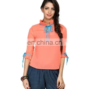Pink Ruffle And Drawstring Top- Three Quarter Sleeves Three Quarter Sleeve Top With Tiered Ruffle and Lace Trim for Women thumbnail-1