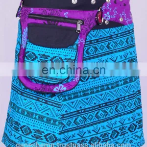 Deep Sky Blue Trivial Print Cotton Fabric Gypsy Wrap Around Skirt With Bag Belt HHCS 140 E thumbnail-2