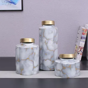 Gold Marble Stripe Sculpture Stone Triangular Conical Covered Flask Ceramic Vase For Living Room thumbnail-4