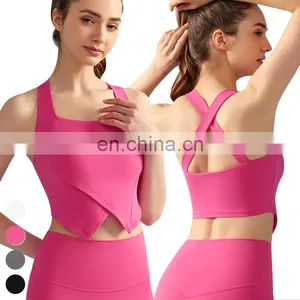 Breathable Running Wear Square Neck Cross Back Yoga Tank Top Sleeveless Gym Fitness Tops Yoga Tank Top Women With Fixed Pad thumbnail-1