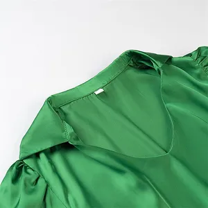 2025 Pleated Elastic Waist Shorts Women's French Fashion Satin Blouse Solid Color Tunic Top V-neck thumbnail-4