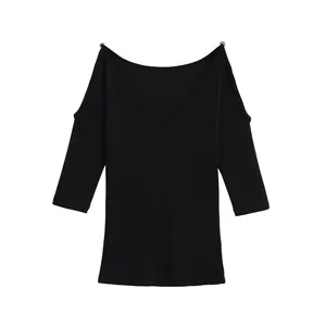 Summer New Fashionable Casual V-neck off Shoulder Design Slim Fit Top Solid Color Mid Sleeve T-shirt thumbnail-3