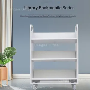 Custom Steel Library Trolley Supplier | HN-VC03 Silent V-shaped Book Cart | With Universal Flexible Wheels & Humanized Handrail thumbnail-1