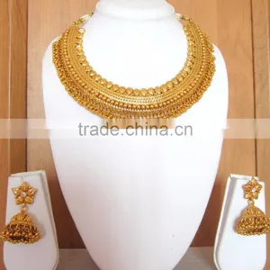 GOLD PLATED TEMPLE DESIGN Necklace JHUMKA EARRING Set thumbnail-3