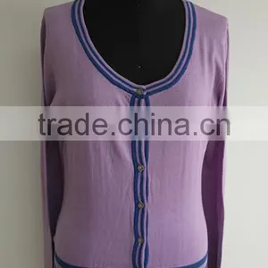 Ladies Fashion Stripe Knitted 100%cotton Cardigan Sweater thumbnail-1