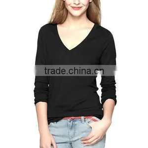 Plain Black Long Sleeve v Neck t Shirt for Womens thumbnail-1