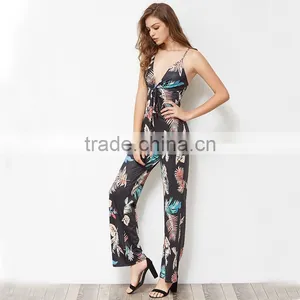 Black Floral Ladies Jumpsuit, 2017 Fashion Deep V-neck Long Romper thumbnail-3