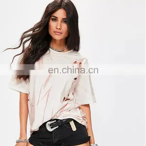 Pink Summer Distressed Washed Short Sleeve Women t Shirt thumbnail-2