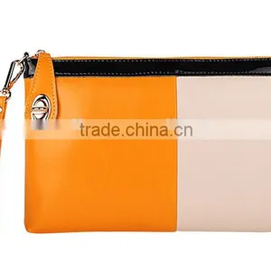 Wholesale Contrast Color Genuine Cowhide Leather Lady Designer Clutch Bag With Wristlet Shoulder Bag Hand Bag Messager Bag thumbnail-5