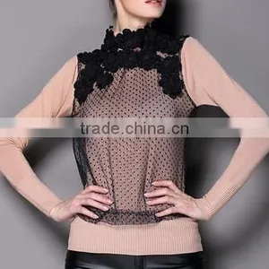 Lady Embroidery Lace Turtle Neck Wool Wholesale Sweater thumbnail-1