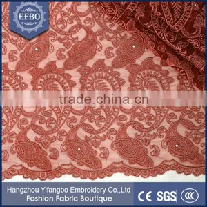 Mature Style Wine Color African Tulle Mesh Lace Fabric For Dresses thumbnail-3