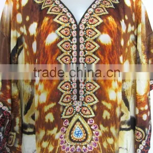 DIGITAL Print Viscose Crepe Silk Crystal Embellished Kaftan CAFTAN Tunic Poncho Blouse thumbnail-2