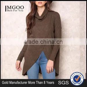MGOO Handmade Sweaters For Girl Brown Asymmetric High Neck Overlay Tops Long Sleeves Fashion Winter Tops thumbnail-1