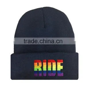Navy Stitching Knitted Custom Acrylic Beanie With Logo Embroidery thumbnail-2