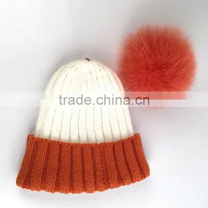 Myfur Ribbed Knitted Hat Adult Size Beanie With Fox Body Fur Pom Poms thumbnail-3
