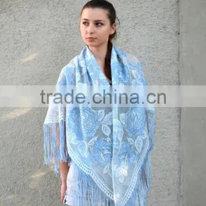 Metallic Lace Shawl, Long Fringe Scarf, Floral Scarf, Summer Shawl, Silver Shawl, Shawl With Roses thumbnail-2