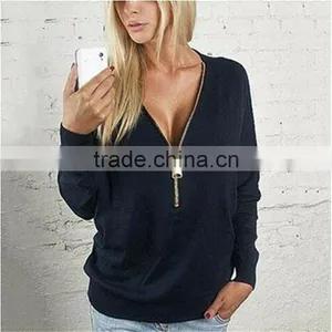 Sexy Deep V-neck Zipper Bat Sleeve Long Sleeve T-shirt Woman Who Dress Dress thumbnail-4
