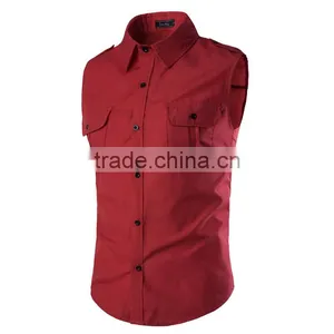 Two Chest Pockets Sleeveless Casual Cotton Men Shirts thumbnail-3