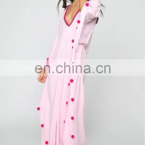Custom Made White Kaftan Beach Dress Fashion Long Kaftan With Pompom thumbnail-3
