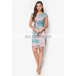 Latest Women Clothing High Quality Cap Sleeve Print Side Ruched Dresses for Women thumbnail-2