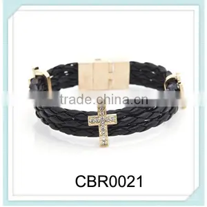 2014 Fashion Woven Fabric Leather Charm Cross Bracelet With Crystal Diamond thumbnail-1