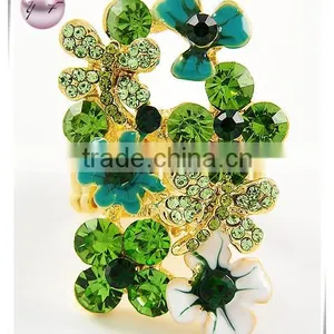 Gold Tone / Green Rhinestones / Flower Stretch Ring thumbnail-1